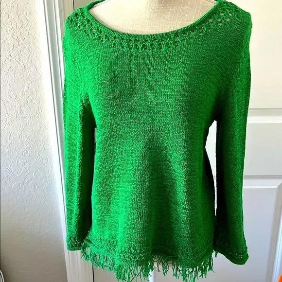 Pappagallo Bright Green Sweater Cotton Blend Fringed 3/4 Sleeves VTG - Picture 1 of 9
